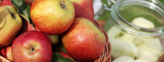 pommes dans un panier en osier et dans un bocal en verre